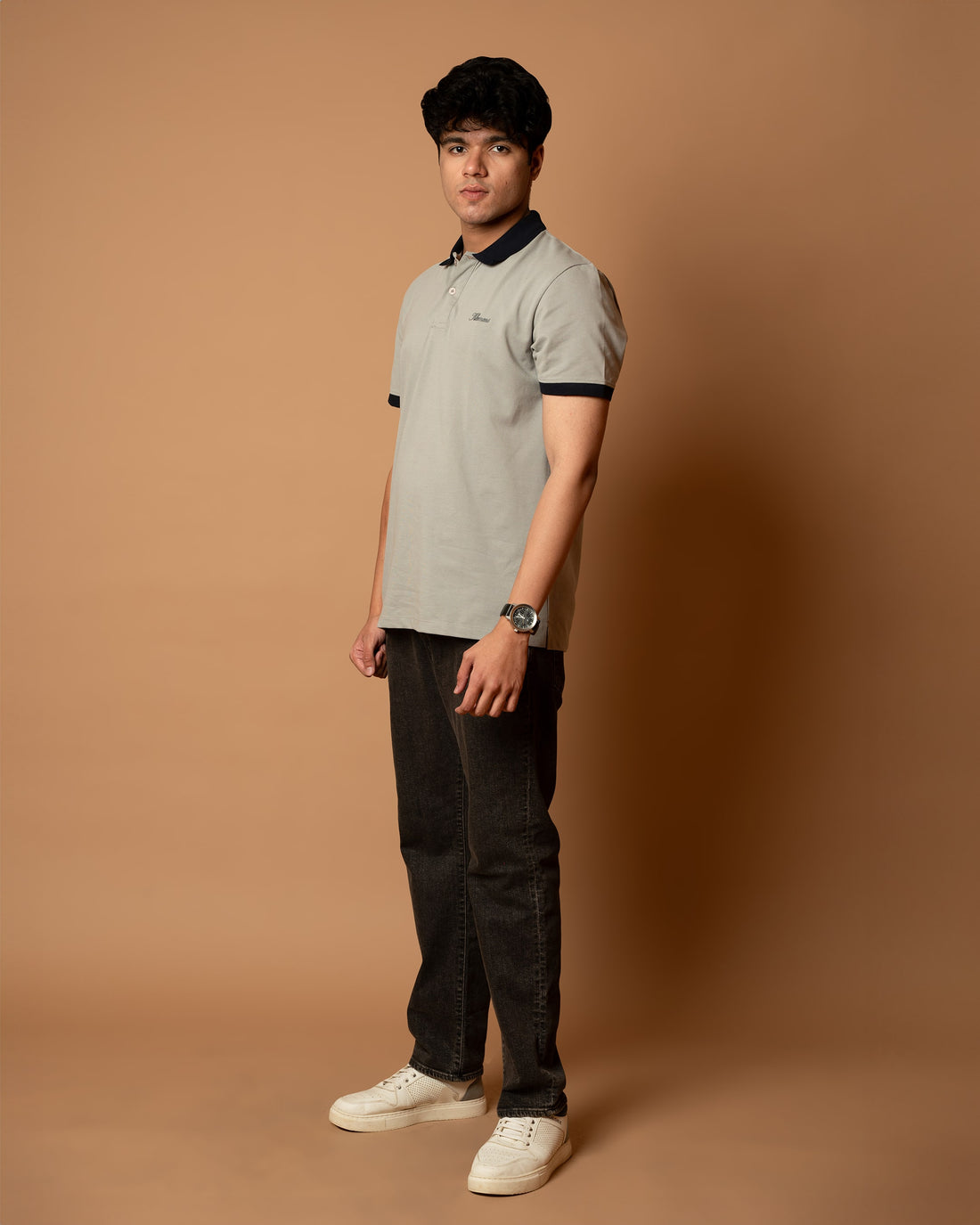 Contrast Collar Light Grey Polo Tshirt